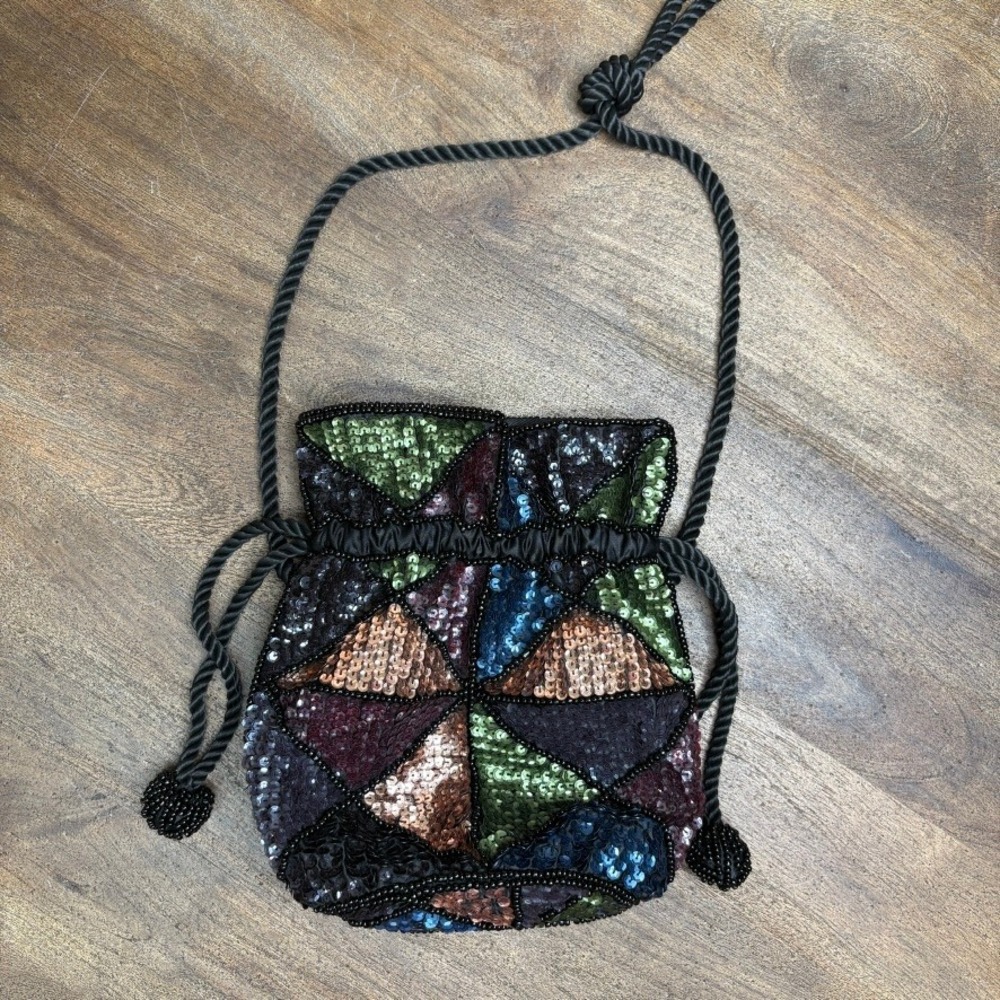 Sequin Beaded Evening Bag Purse Black Party Cocktail Formal - Picture 3 of 11